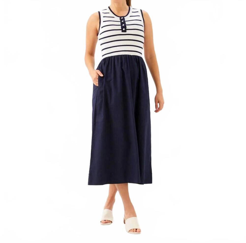 NEW KAREN KANE stripe mixed media dress in navy with off white